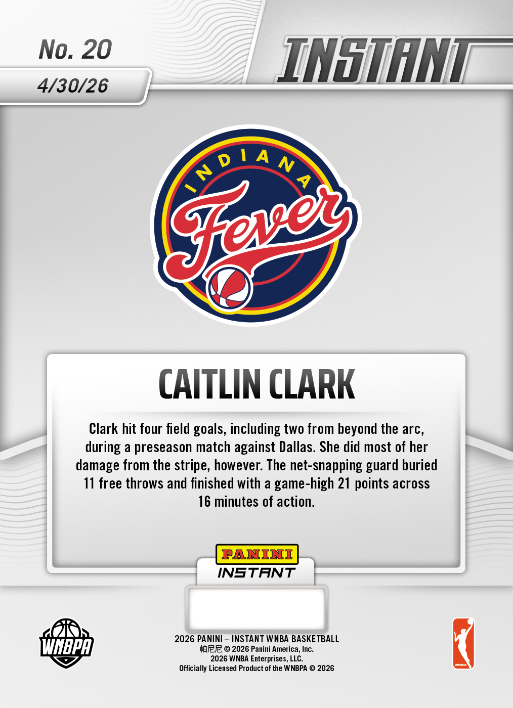 Caitlin Clark - 2026 Panini Instant WNBA #20 - Metallic /5 - Image 2