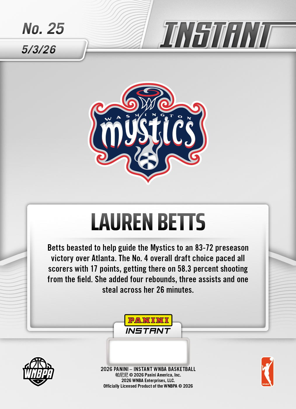 Lauren Betts - 2026 Panini Instant WNBA #25 - Metallic /5 - Image 2