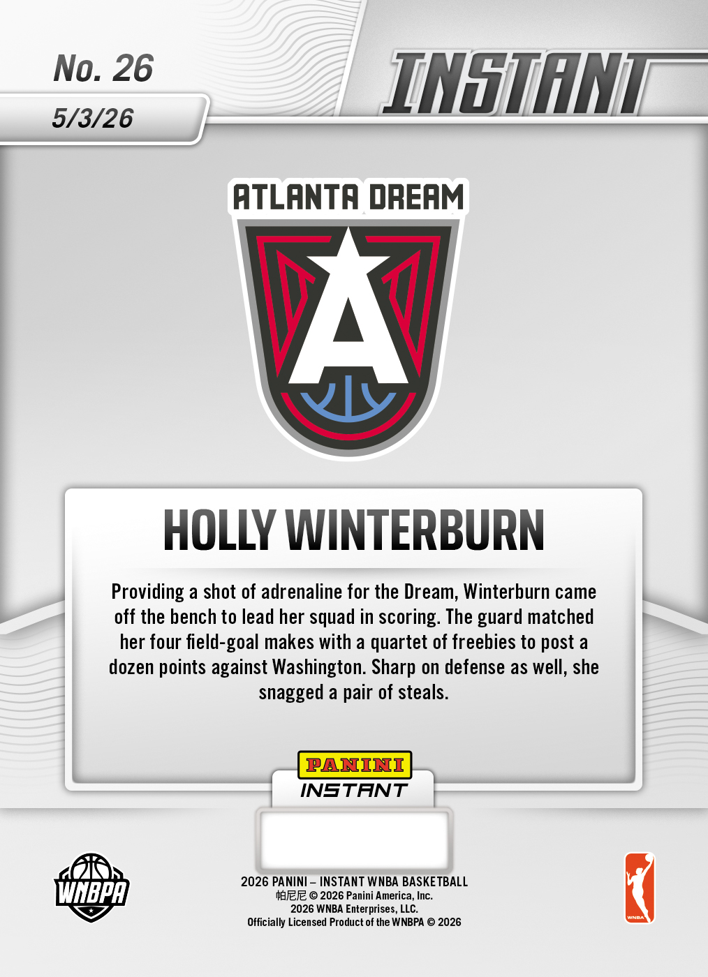 Holly Winterburn - 2026 Panini Instant WNBA #26 - 30th Anniversary /30 - Image 2