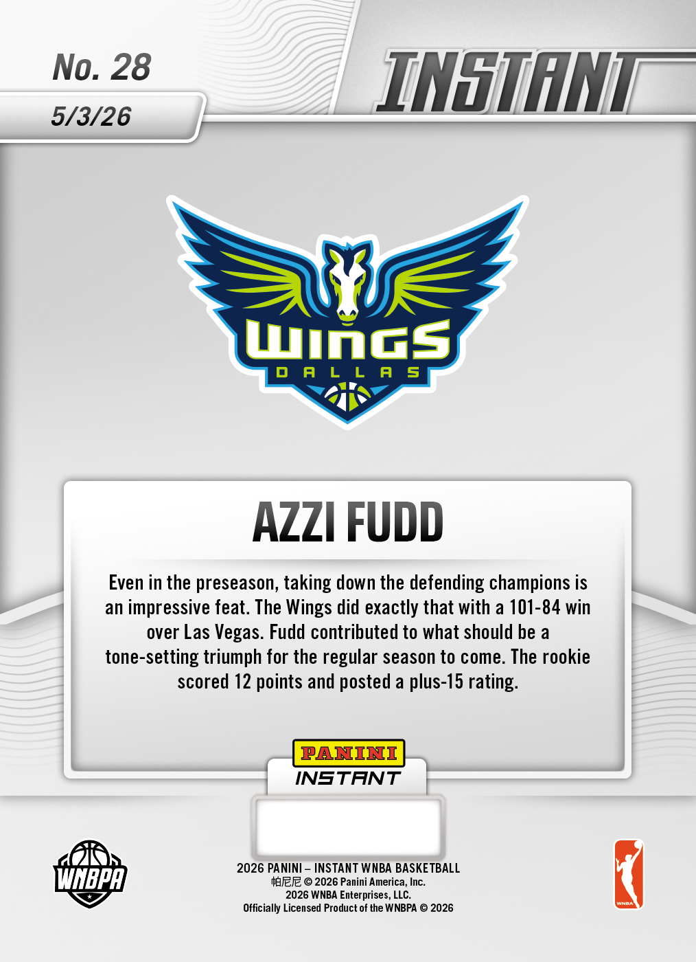 Azzi Fudd - 2026 Panini Instant WNBA #28 - 30th Anniversary /30 - Image 2