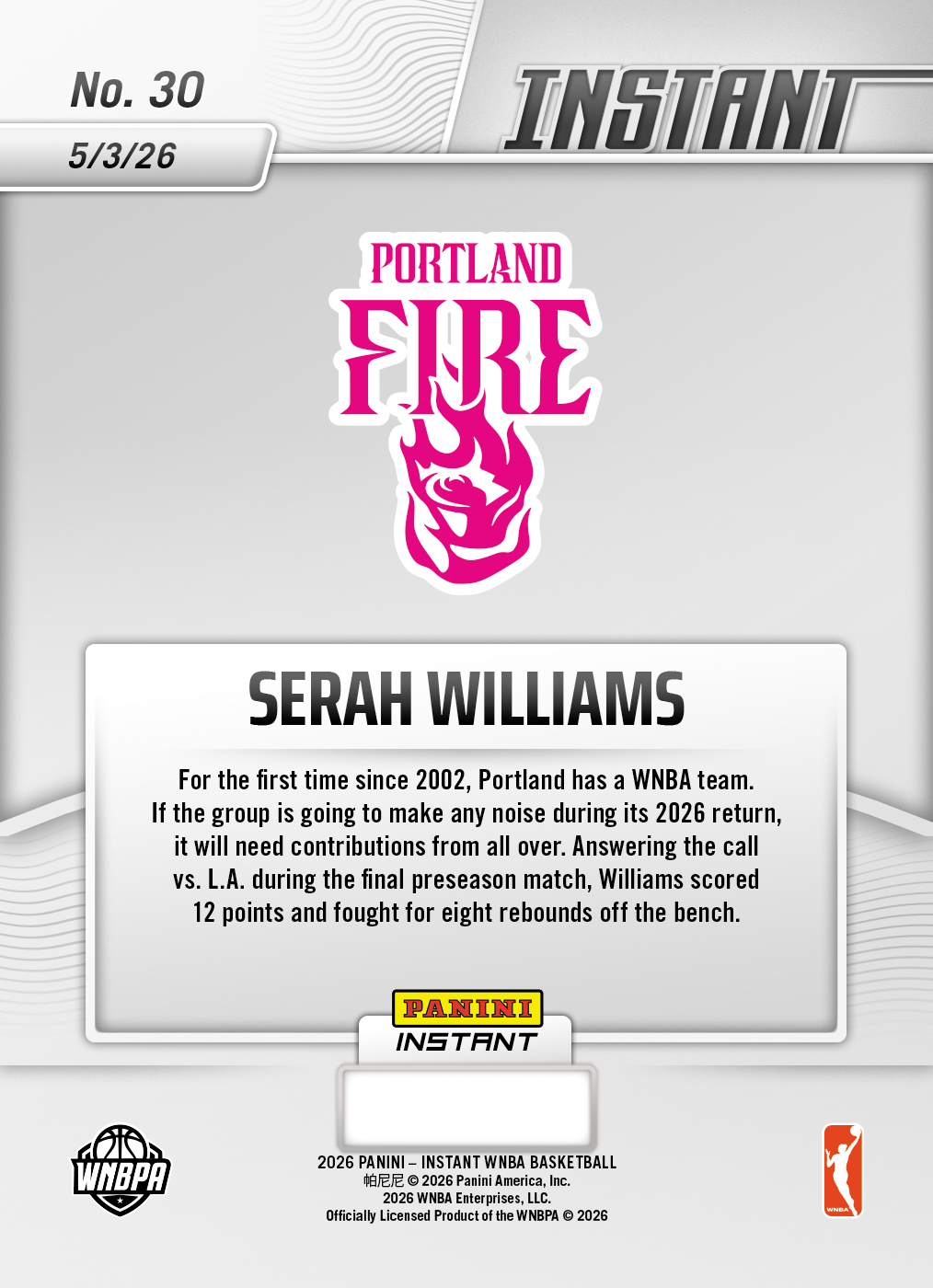 Serah Williams - 2026 Panini Instant WNBA #30 - 30th Anniversary /30 - Image 2