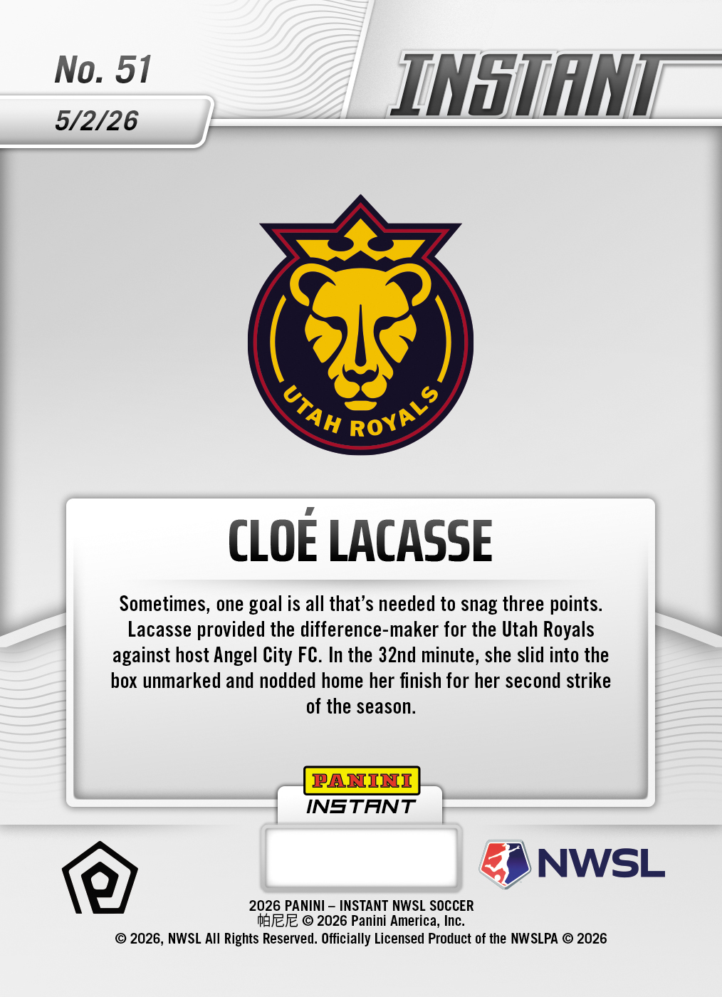Cloe Lacasse - 2026 Panini Instant NWSL #51 - Metallic /5 - Image 2