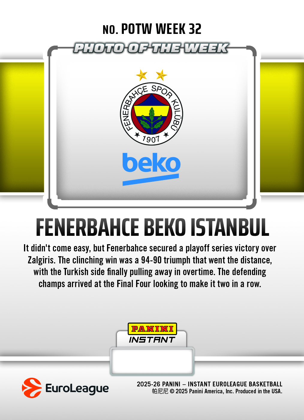 Fenerbahce Beko Istanbul - 2025-26 Panini Instant EuroLeague Photo of the Week #32 - Galaxy 1/1 - Image 2