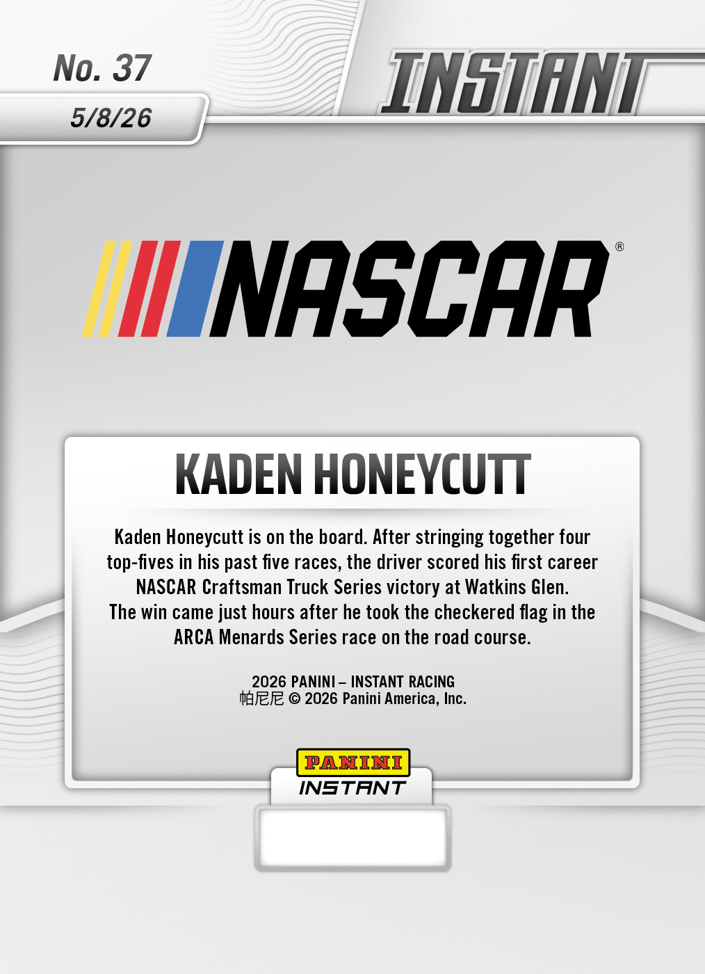 Kaden Honeycutt - 2026 Panini Instant NASCAR #37 - Gold /10 Auto - Image 2