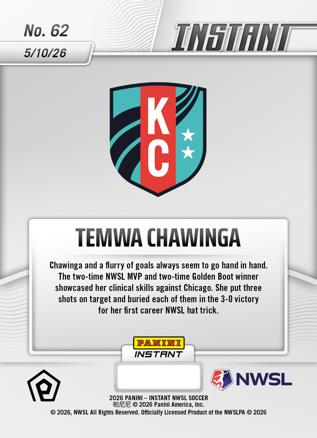 Temwa Chawinga - 2026 Panini Instant NWSL #62 - Base /99 Auto - Image 2