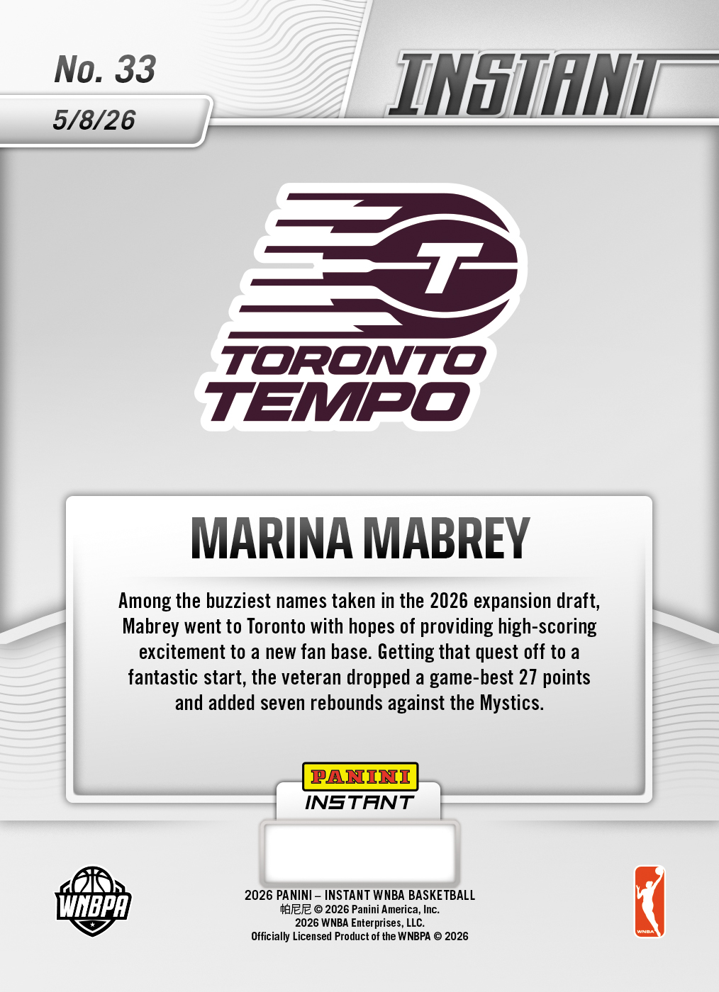 Marina Mabrey - 2026 Panini Instant WNBA #33 - Metallic /5 - Image 2