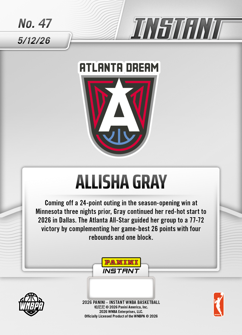 Allisha Gray - 2026 Panini Instant WNBA #47 - Metallic /5 - Image 2