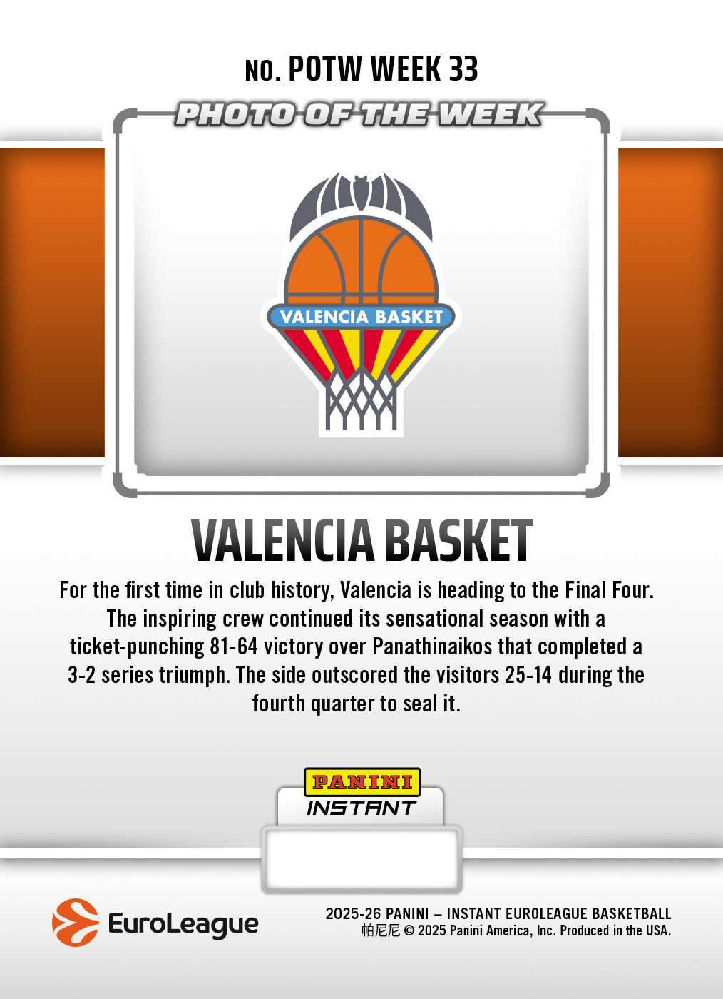 Valencia Basket - 2025-26 Panini Instant EuroLeague Photo of the Week #33 - Galaxy 1/1 - Image 2