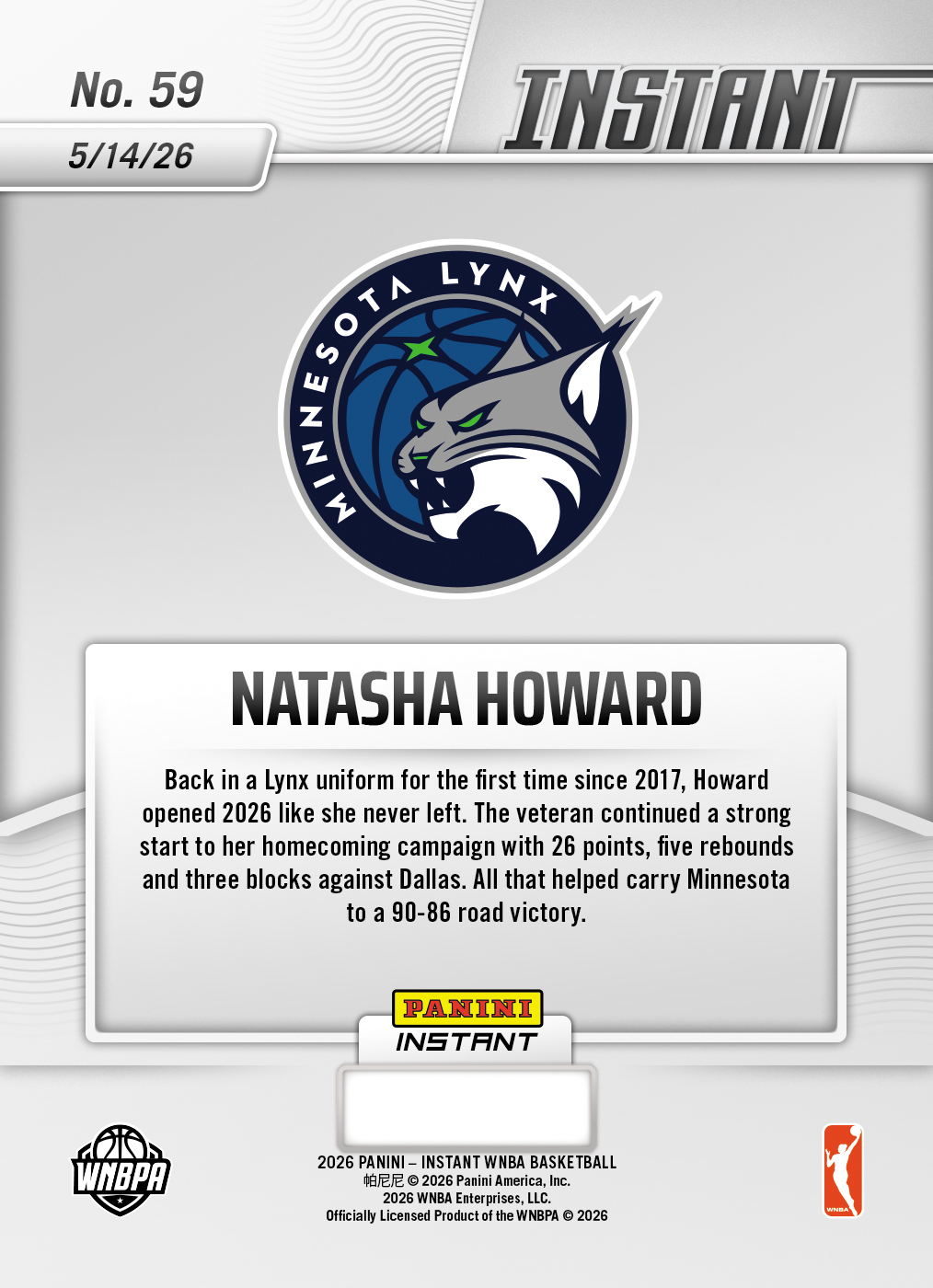 Natasha Howard - 2026 Panini Instant WNBA #59 - 30th Anniversary /30 - Image 2