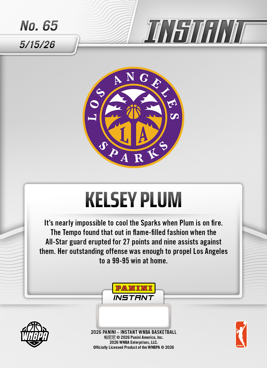 Kelsey Plum - 2026 Panini Instant WNBA #65 - 30th Anniversary /30 - Image 2