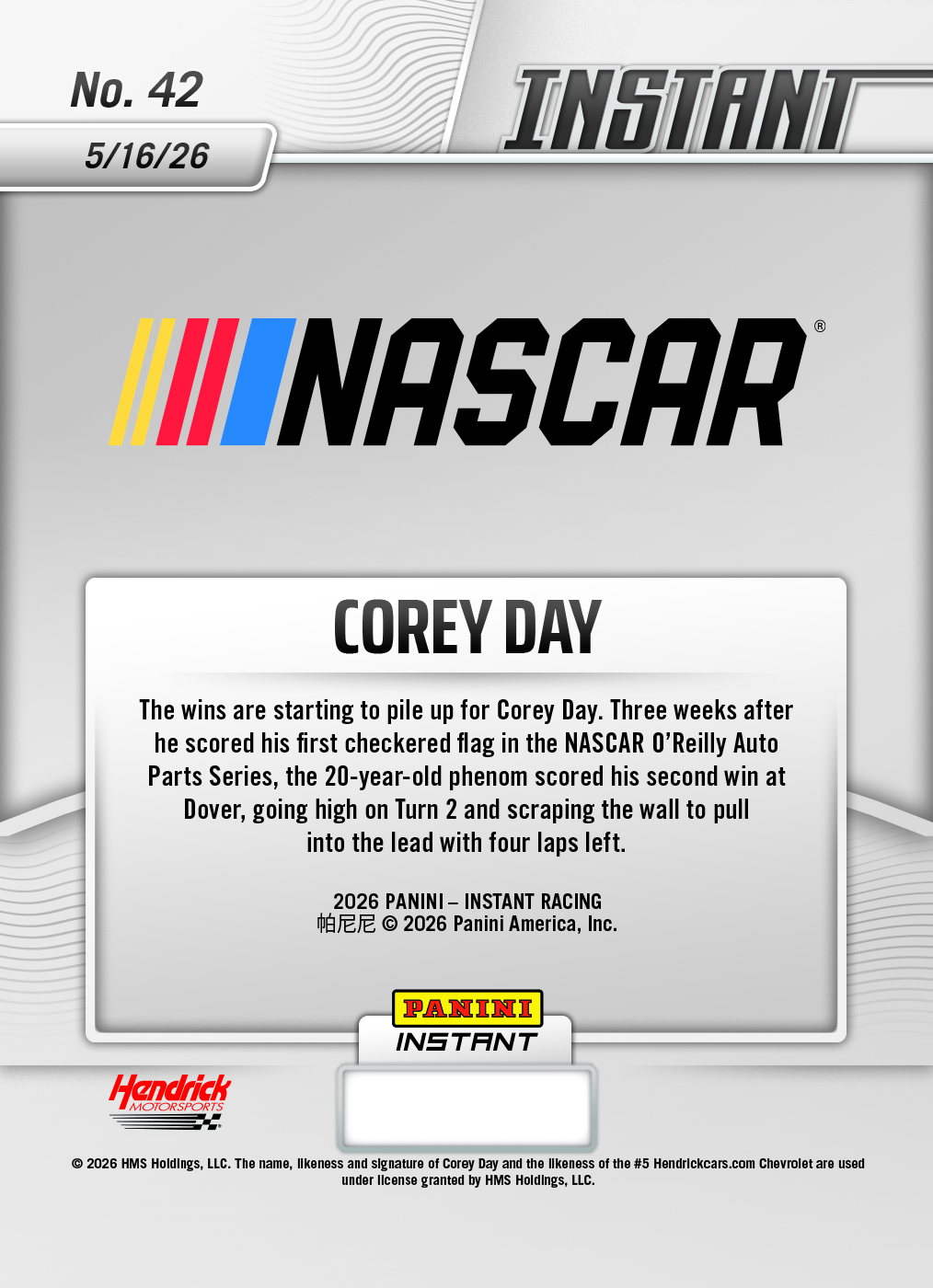 Corey Day - 2026 Panini Instant NASCAR #42 - Metallic /5 - Image 2
