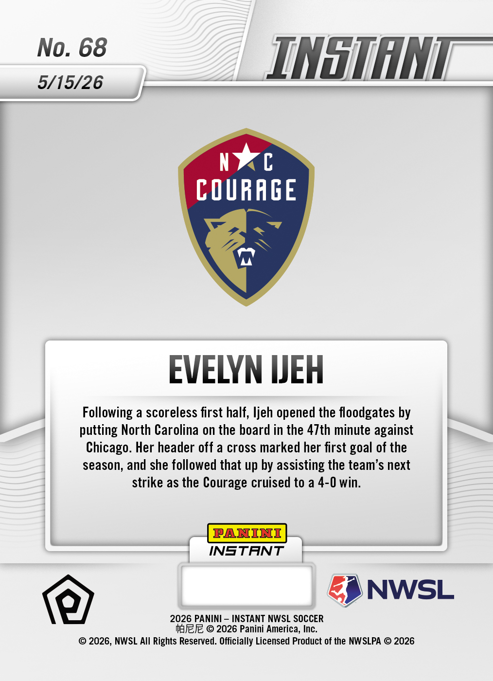 Evelyn Ijeh - 2026 Panini Instant NWSL #68 - Base /99 Auto - Image 2
