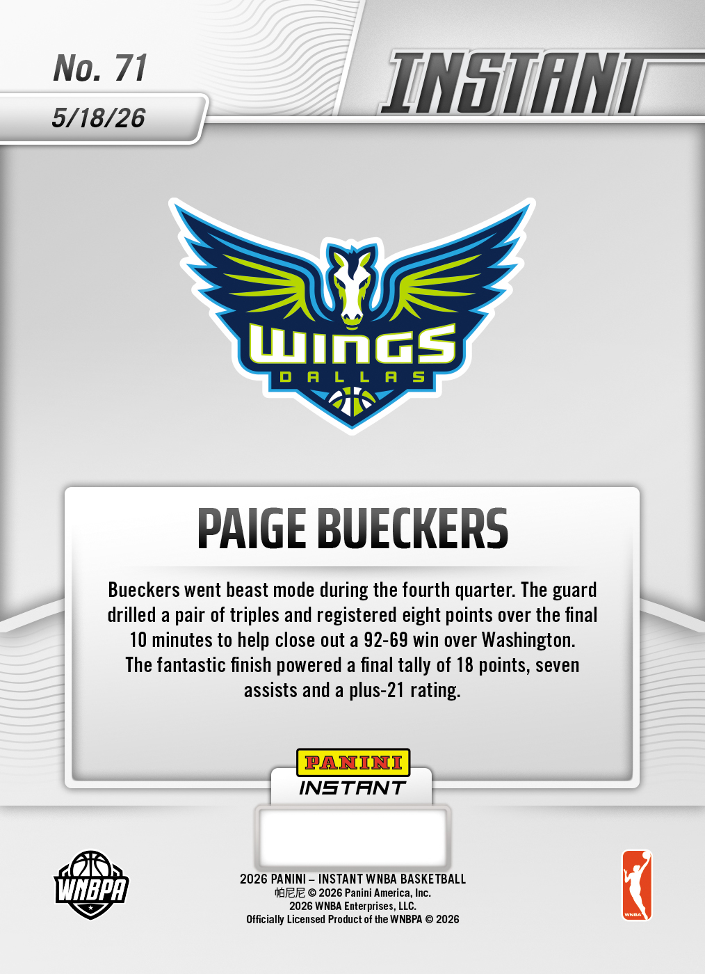 Paige Bueckers - 2026 Panini Instant WNBA #71 - 30th Anniversary /30 - Image 2