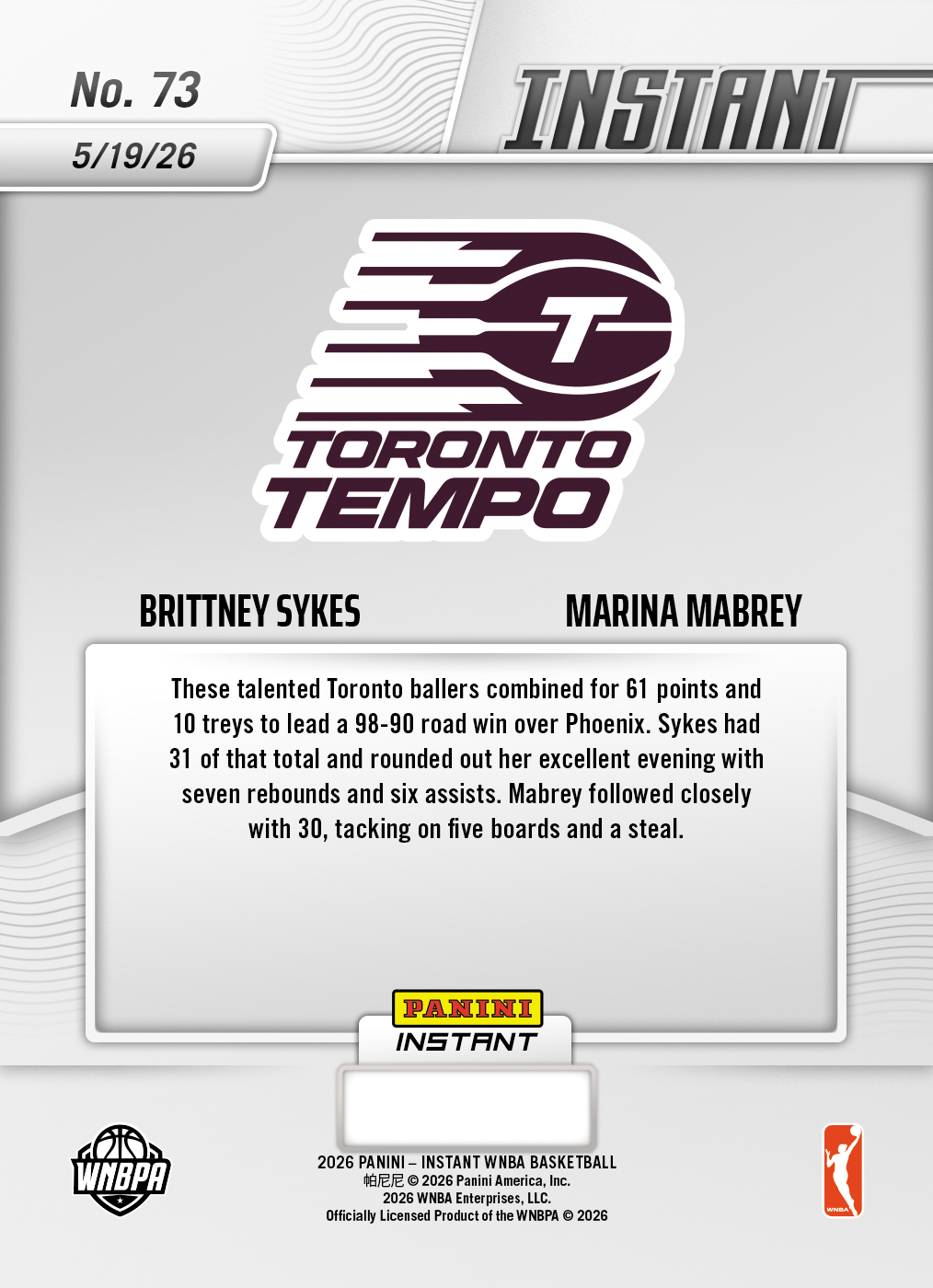 Brittney Sykes/Marina Mabrey - 2026 Panini Instant WNBA #73 - 30th Anniversary /30 - Image 2
