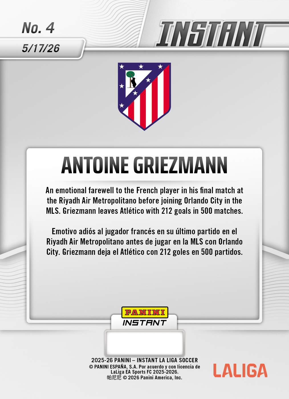 Antoine Griezmann - 2026 Panini Instant La Liga #4 - Metallic /5 - Image 2
