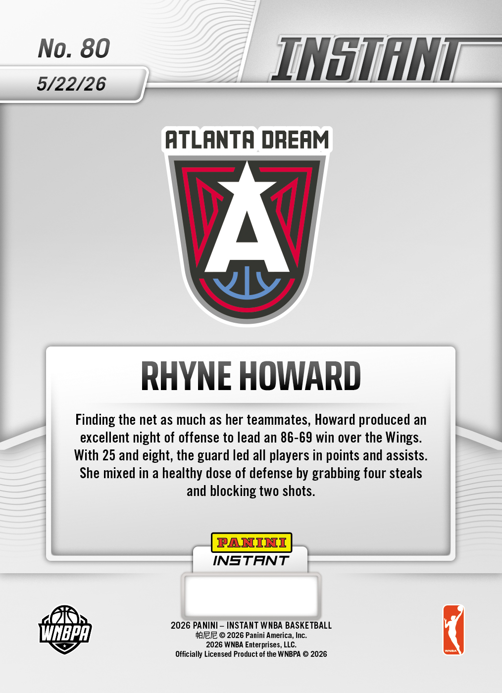 Rhyne Howard - 2026 Panini Instant WNBA #80 - Metallic /5 - Image 2