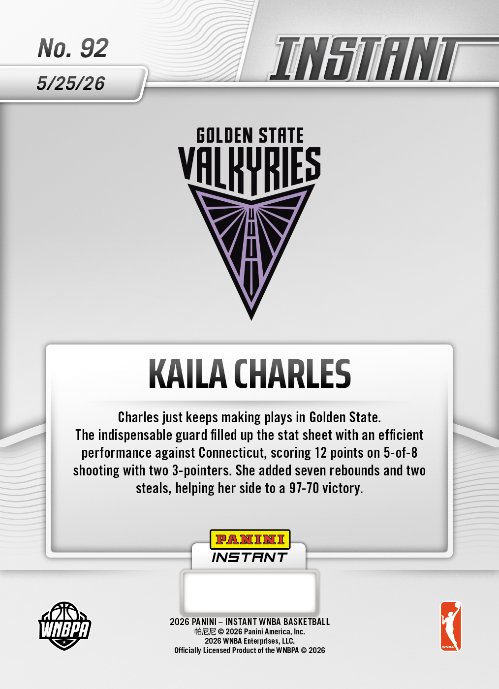 Kaila Charles - 2026 Panini Instant WNBA #92 - Metallic /5 - Image 2