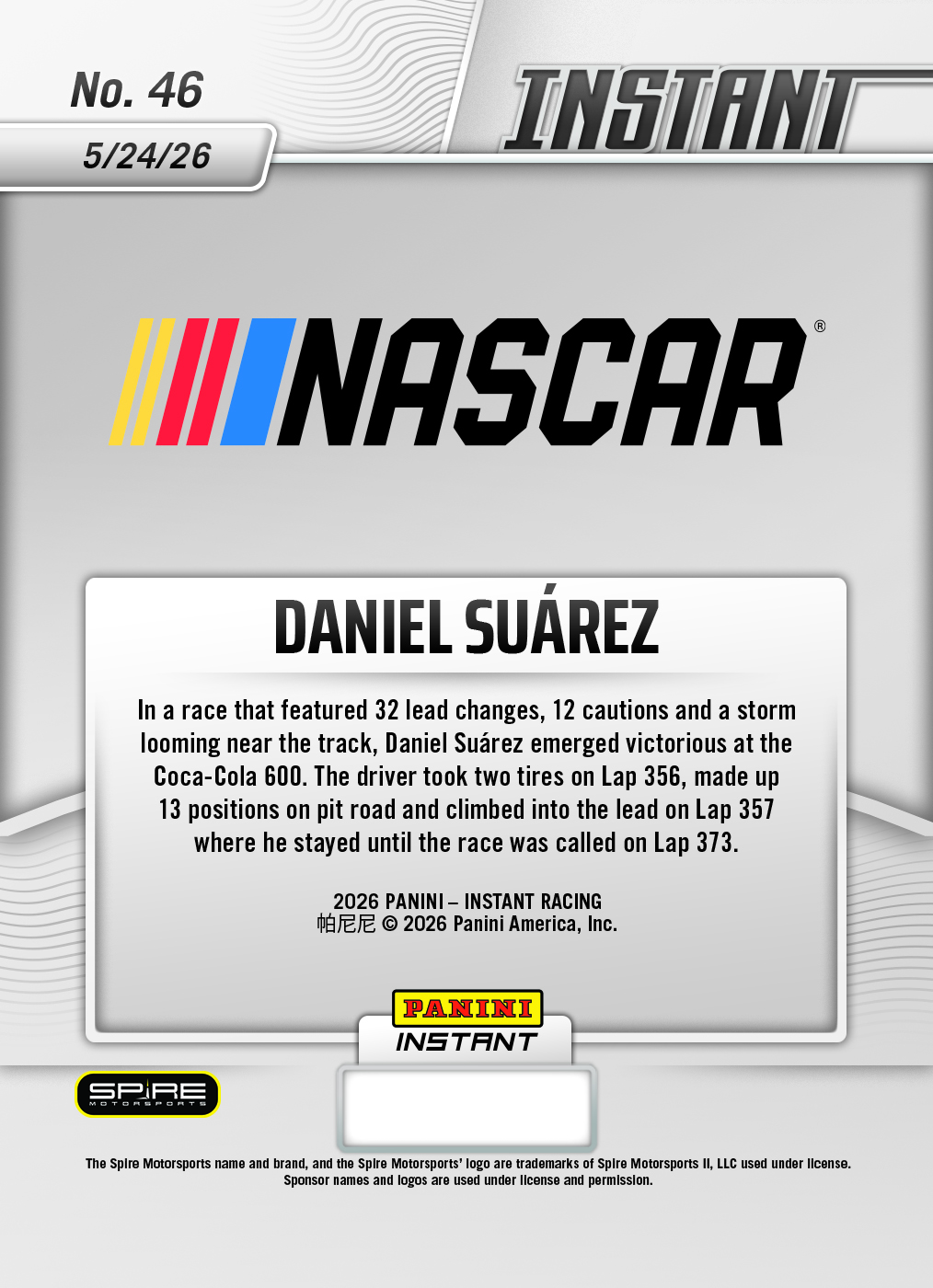 Daniel Suarez - 2026 Panini Instant NASCAR #46 - Gold /10 Auto - Image 2
