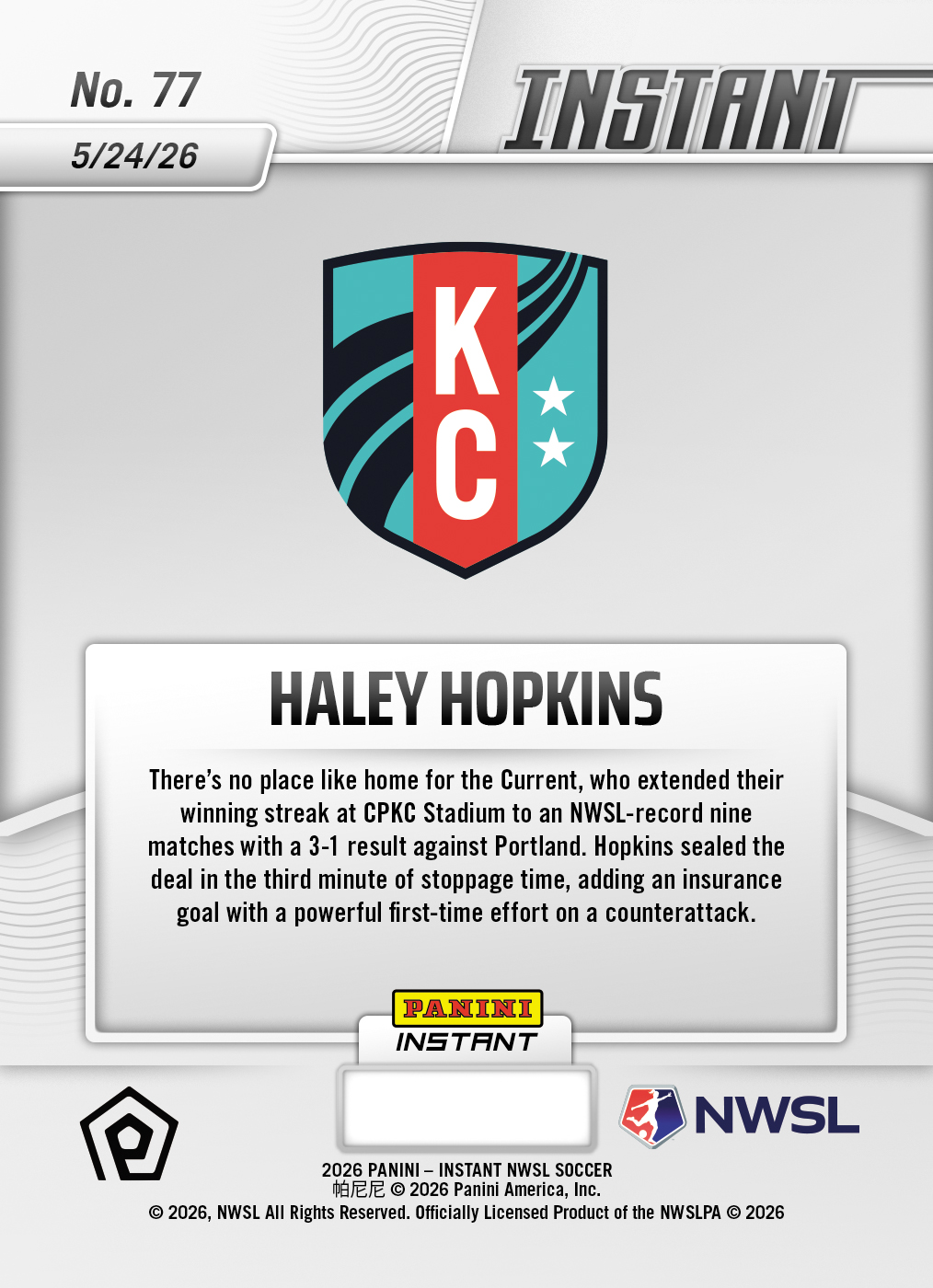 Haley Hopkins - 2026 Panini Instant NWSL #77 - Base - Image 2