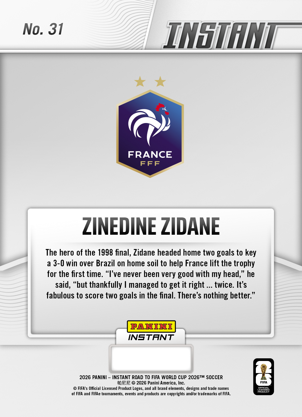 Zinedine Zidane - 2026 Panini Instant Road to FIFA World Cup 2026™ #31 - Base - Image 2