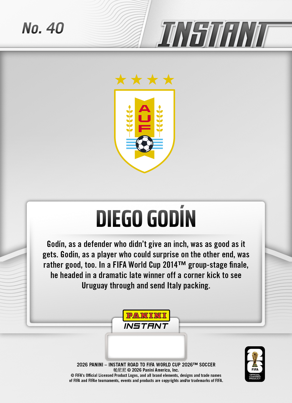 Diego Godin - 2026 Panini Instant Road to FIFA World Cup 2026™ #40 - Green /10 Auto - Image 2