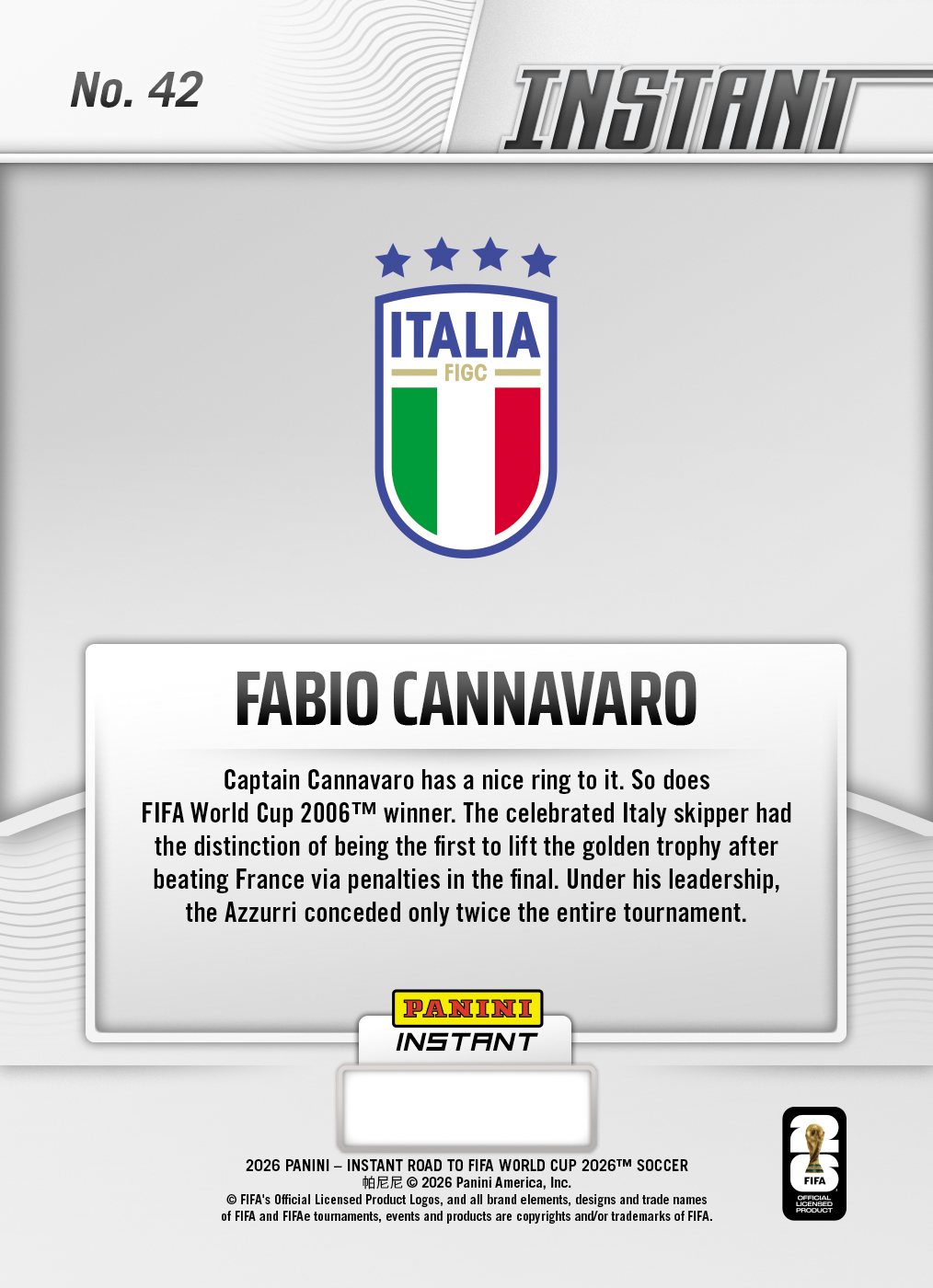 Fabio Cannavaro - 2026 Panini Instant Road to FIFA World Cup 2026™ #42 - Base - Image 2