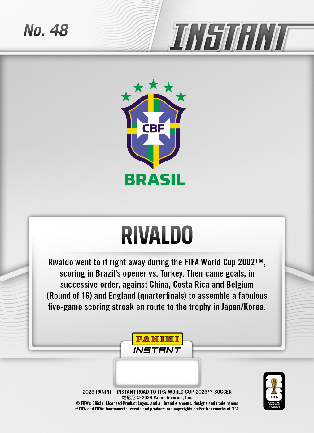 Rivaldo - 2026 Panini Instant Road to FIFA World Cup 2026™ #48 - Green /10 Auto - Image 2