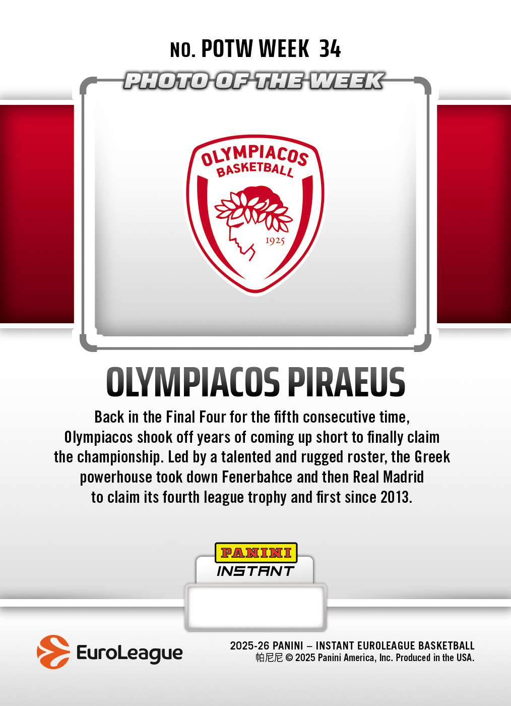 Olympiacos Piraeus - 2025-26 Panini Instant EuroLeague Photo of the Week #34 - Galaxy 1/1 - Image 2