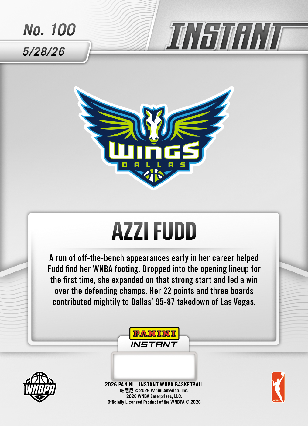 Azzi Fudd - 2026 Panini Instant WNBA #100 - 30th Anniversary /30 - Image 2