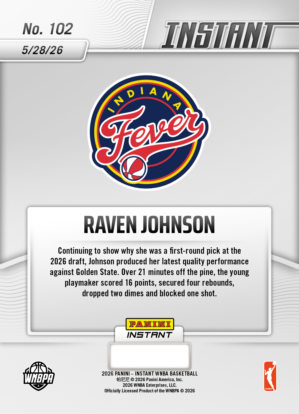 Raven Johnson - 2026 Panini Instant WNBA #102 - 30th Anniversary /30 - Image 2