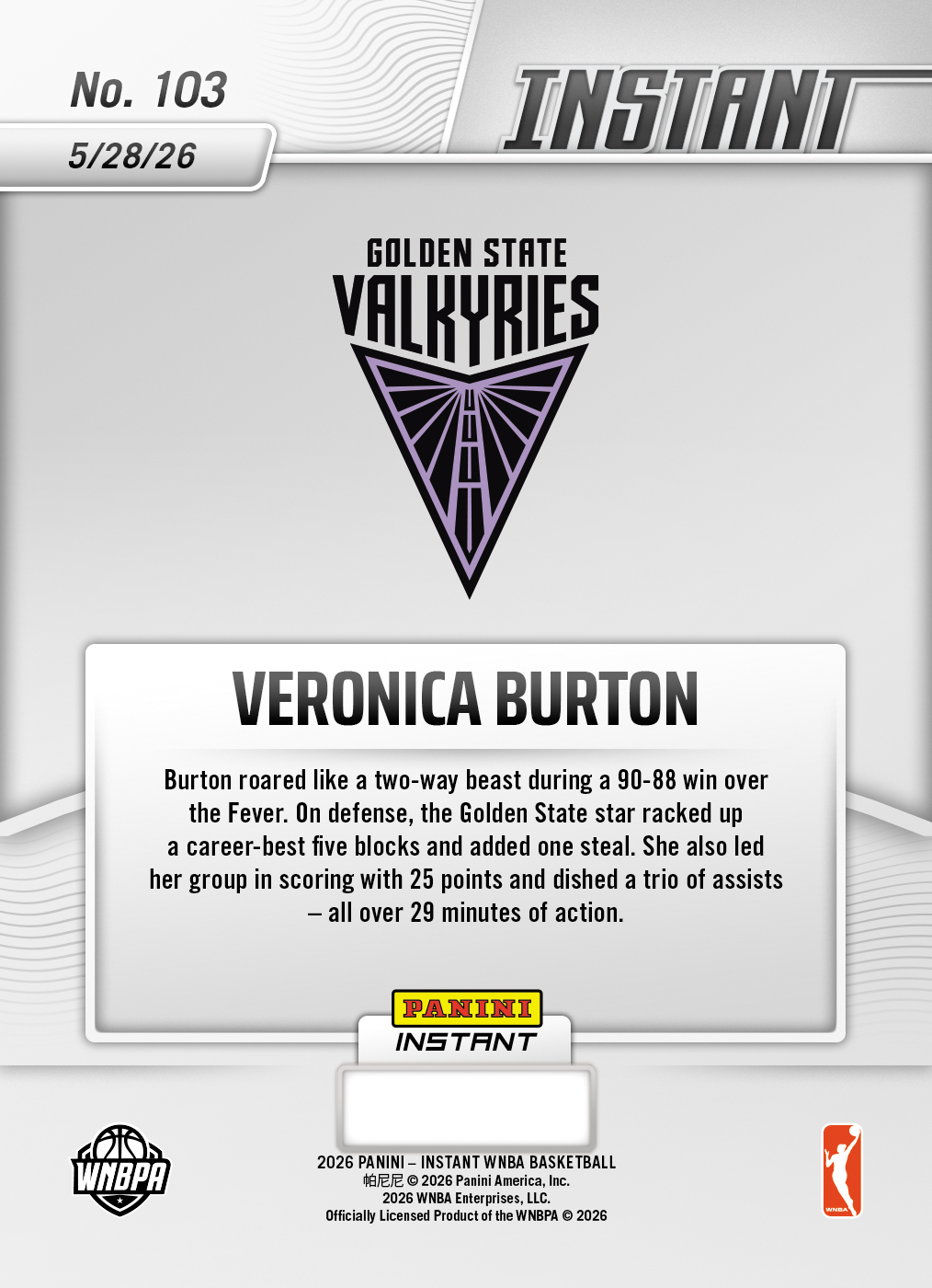 Veronica Burton - 2026 Panini Instant WNBA #103 - 30th Anniversary /30 - Image 2