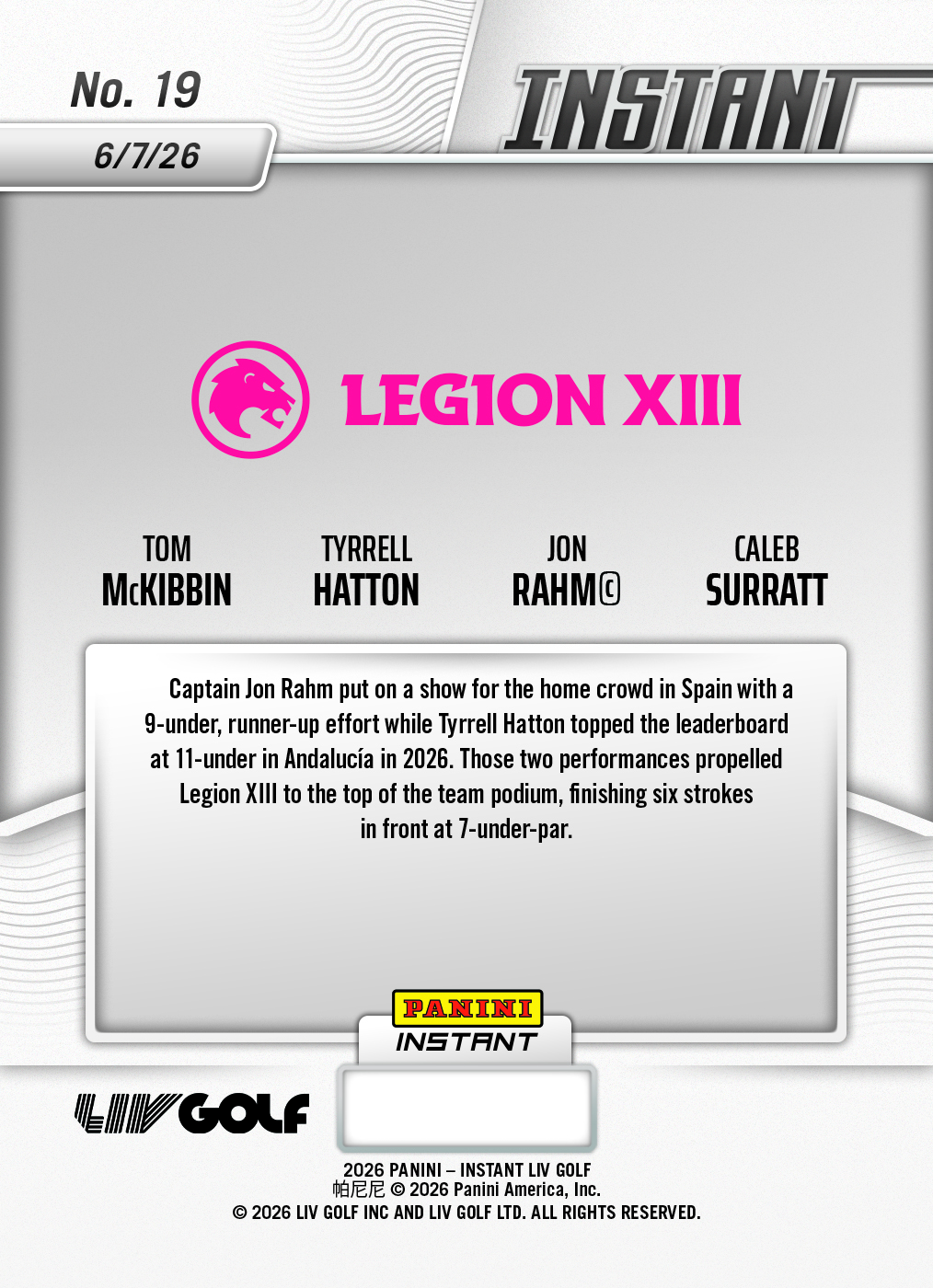 Legion XIII - 2026 Panini Instant LIV Golf #19 - Base - Image 2
