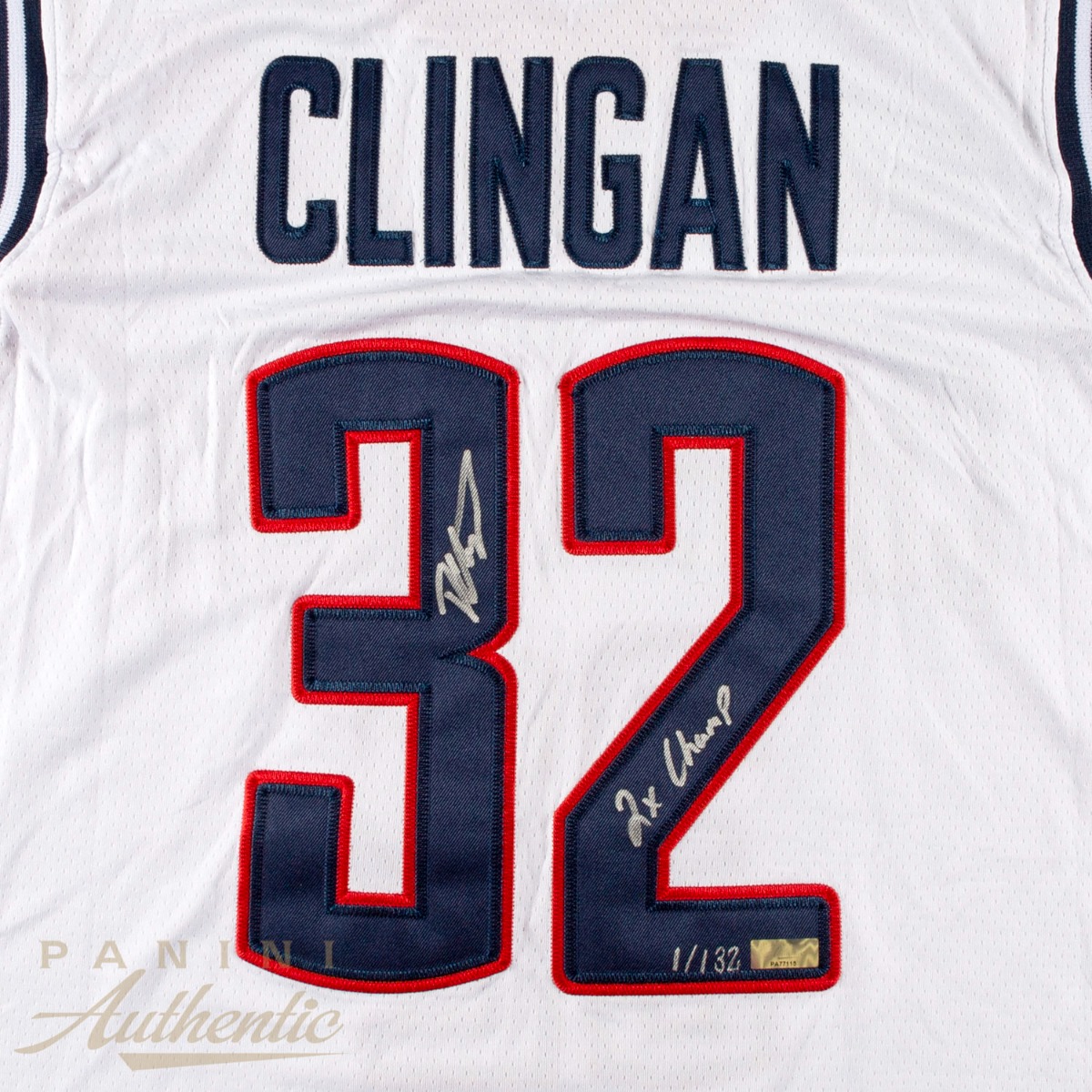 Donovan Clingan Autographed UCONN Huskies White Replica Jersey with 2024 National Champions Patch & "2x Champ" Inscription ~Limited Edition to 132~ - Image 2