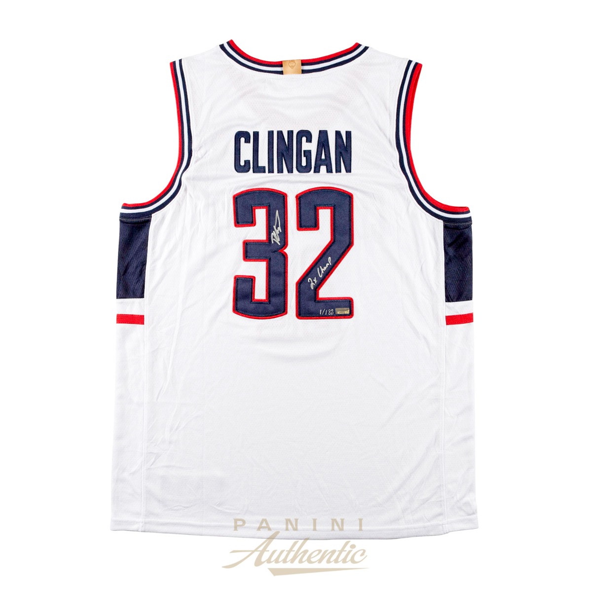 Donovan Clingan Autographed UCONN Huskies White Replica Jersey with 2024 National Champions Patch & "2x Champ" Inscription ~Limited Edition to 132~